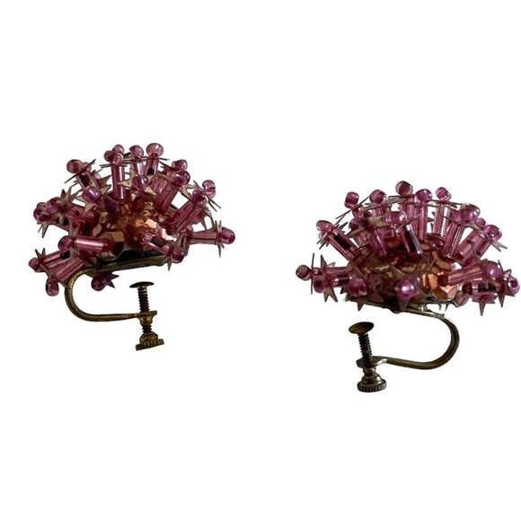 Vintage Screw Back Earrings Sequin and Bead Pink and Gold Cork 1" - Picture 10 of 10